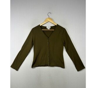 Earthcore Linda Richards Women M Olive Green Pima Cotton V-Neck Cardigan Sweater